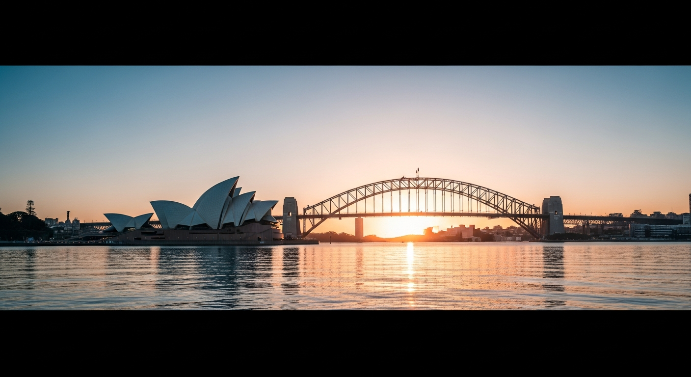 Sydney Opera House and Harbour Bridge at golden sunrise